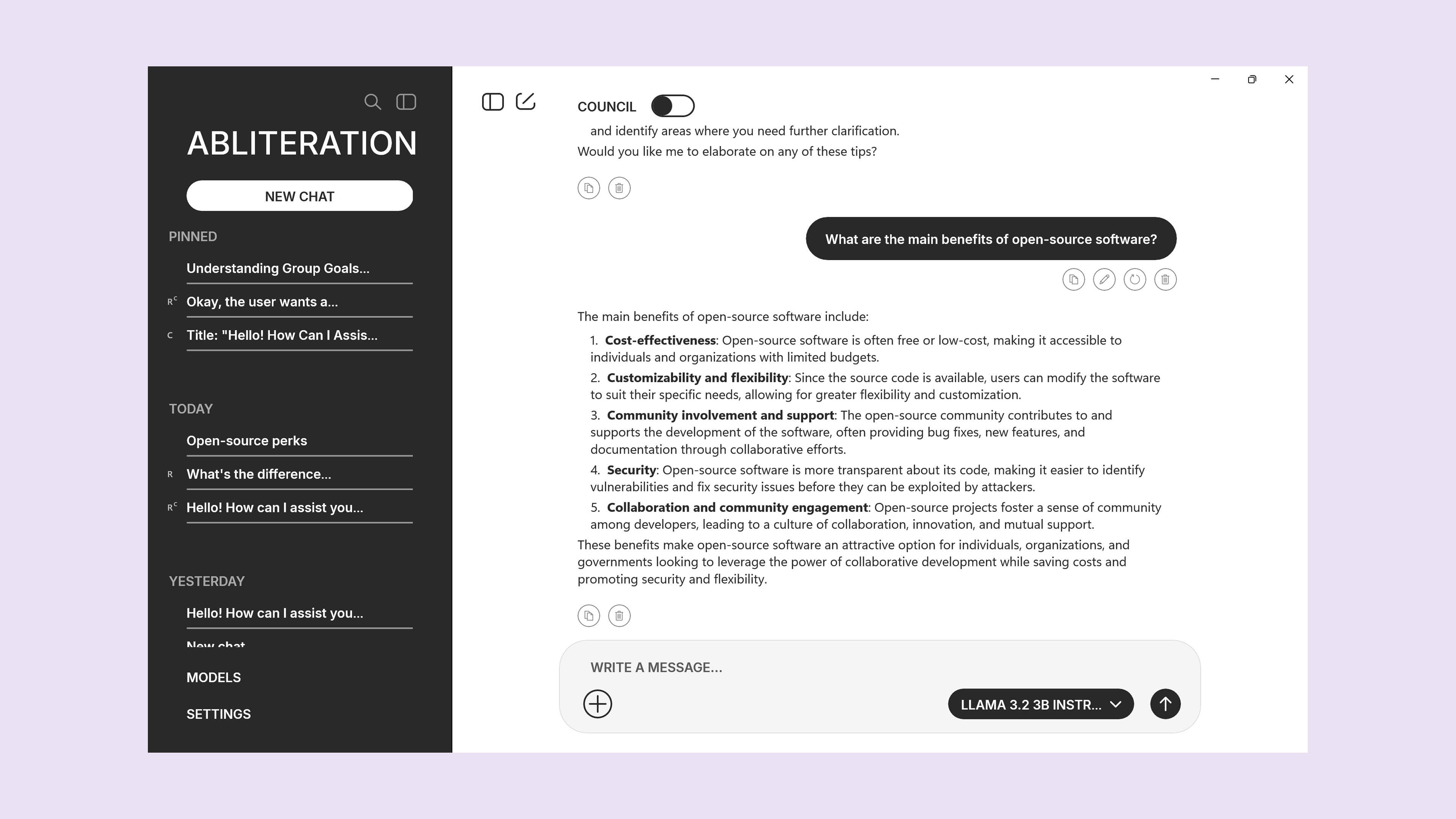 Abliteration chat surface with sidebar